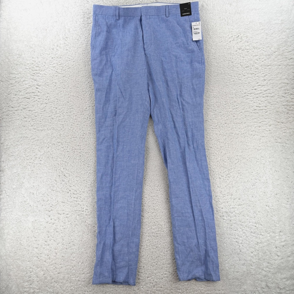 Nordstrom Dress Pants Mens 36 Blue Slim Fit Linen Unhemmed Summer Casual NWT